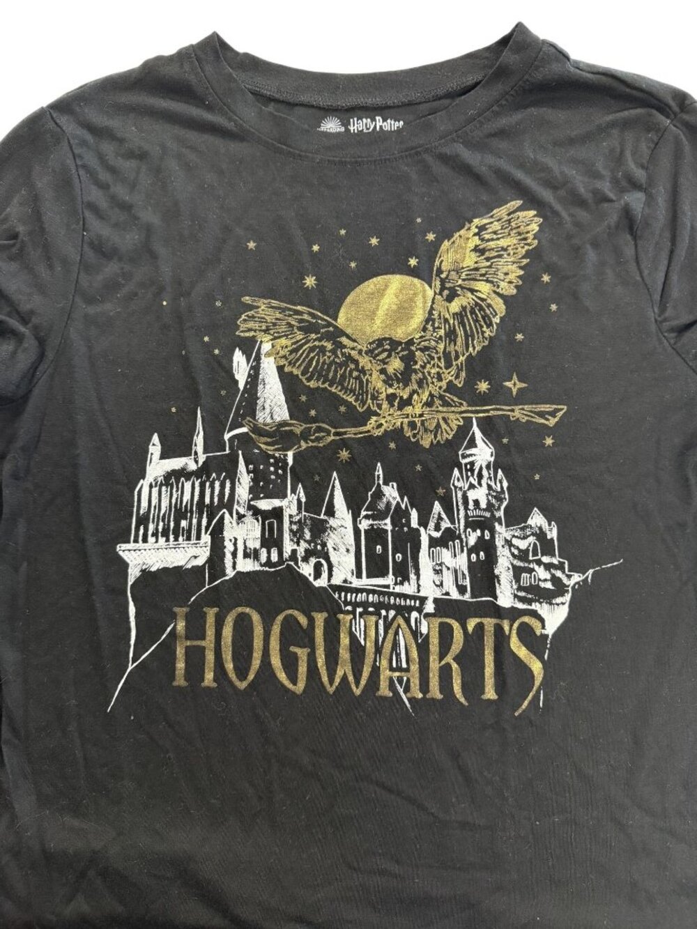 Harry Potter Hogwarts Black Graphic Tee XL Gold & White Design 15/17 Short Sleev